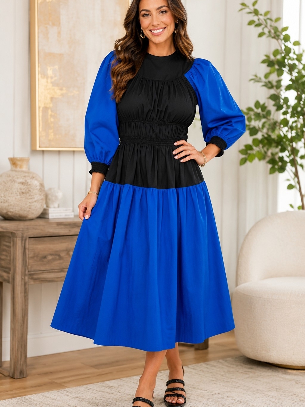 Heyson Blue Contrast Cotton Midi Dress | Puff Sleeve | Boutique